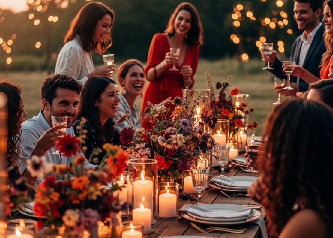 Friends gathered around a festive dinner table outside at dusk.
