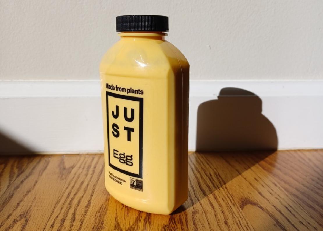 A squeeze bottle of JUST Egg plant-based vegan liquid scrambled egg.
