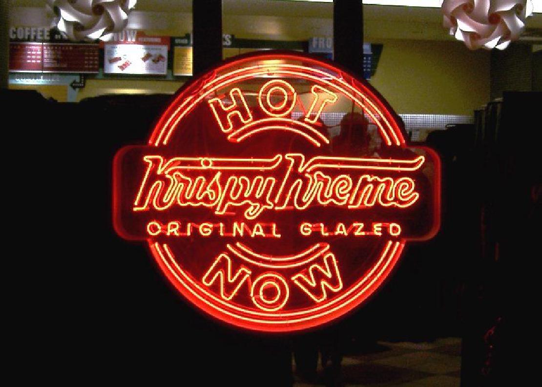Krispy Kreme hot now neon red sign.