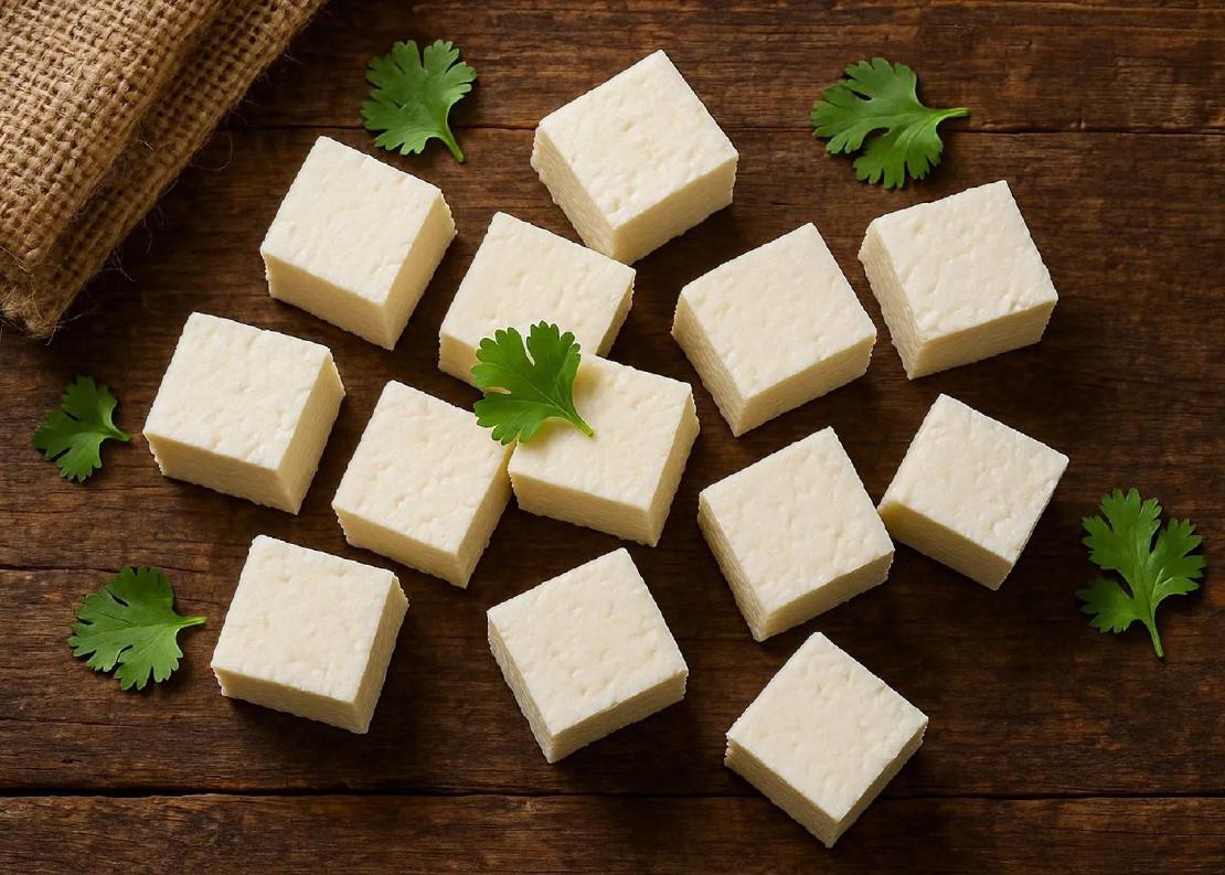 Cubes of paneer on a table with parsley.