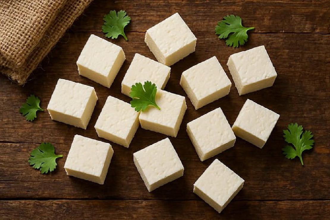 Cubes of paneer on a table with parsley.