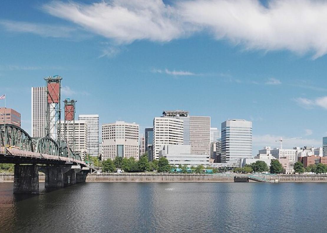 The skyline of Portland, Oregon, looking west from the Hawthorne Bridge.