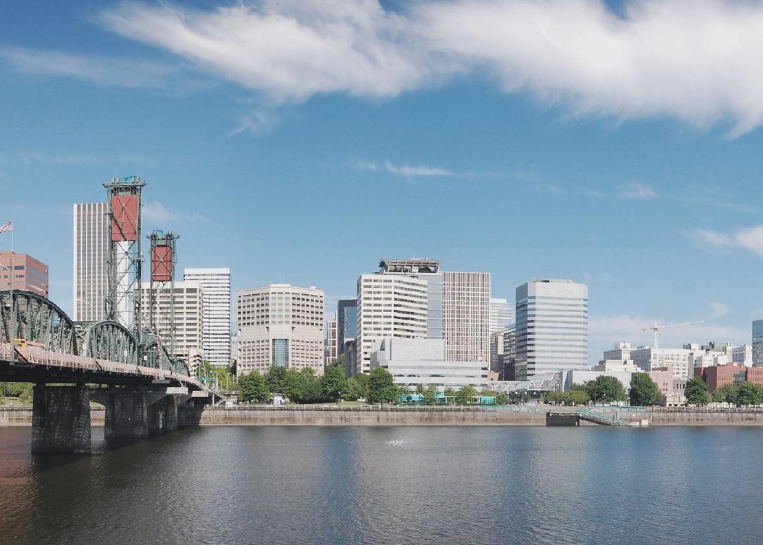 The skyline of Portland, Oregon, looking west from the Hawthorne Bridge.