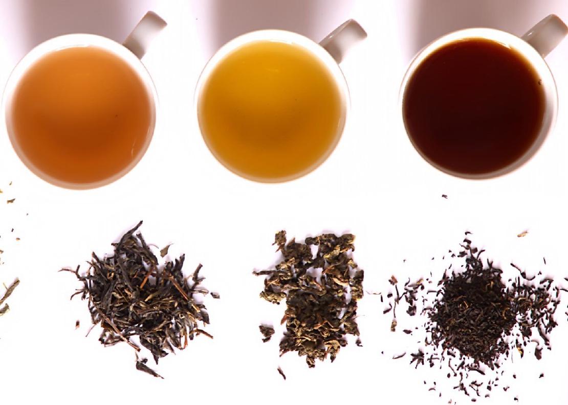 Three teas of different fermentation. From left to right: Green tea from Japan, Yellow tea from China, and Oolong tea from China.