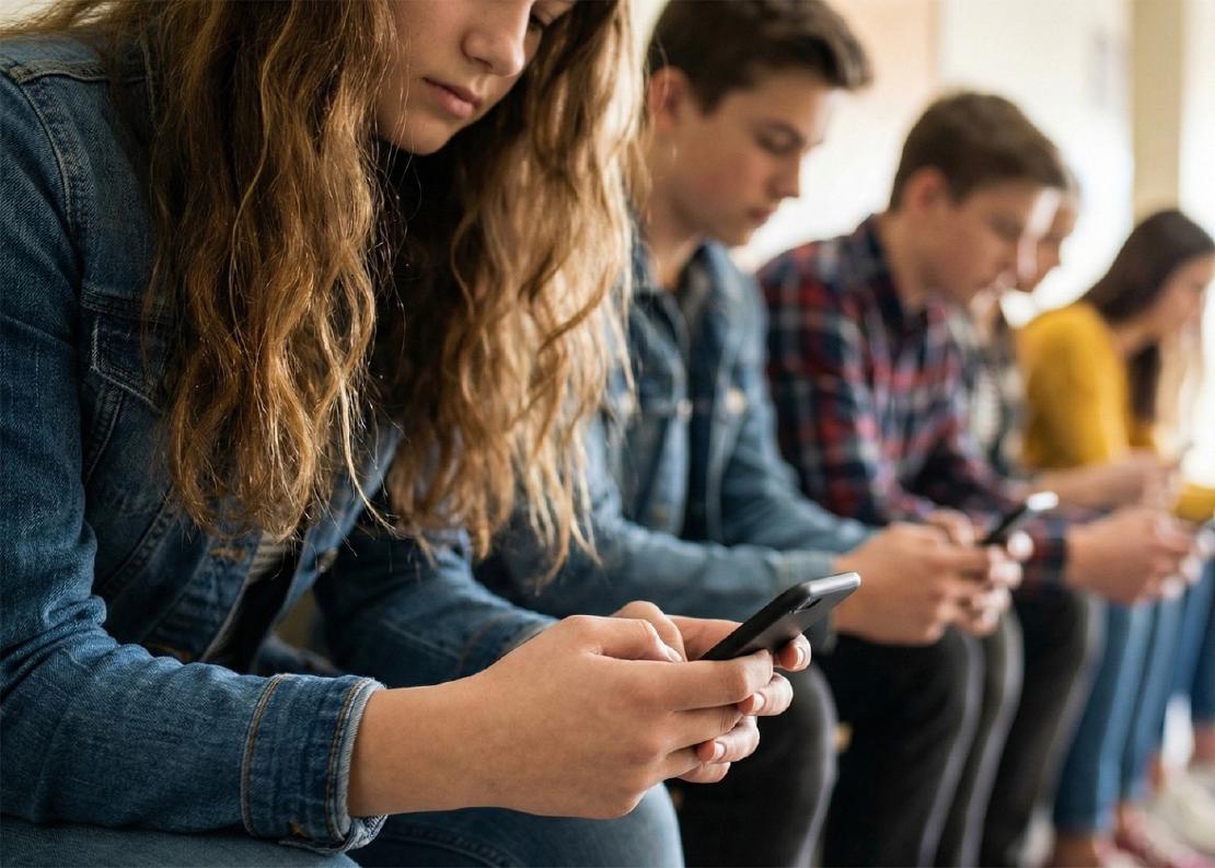 Teens sitting in a row, all looking at their cell phones